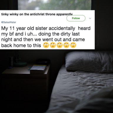A bed in the dark and a tweet about a younger sister catching her older sister having sex