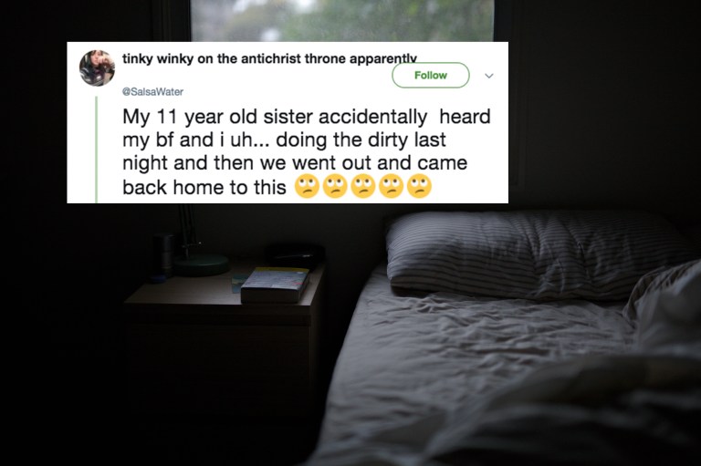 A bed in the dark and a tweet about a younger sister catching her older sister having sex