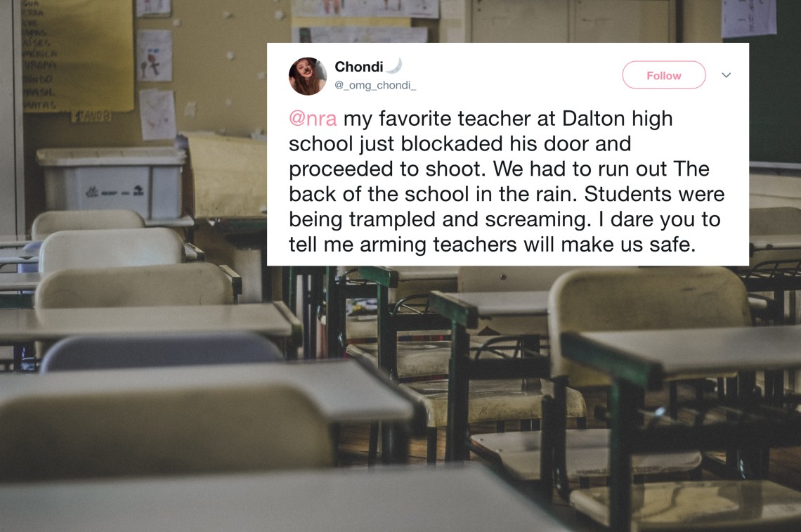 An empty highs school classroom and a tweet about a school shooting