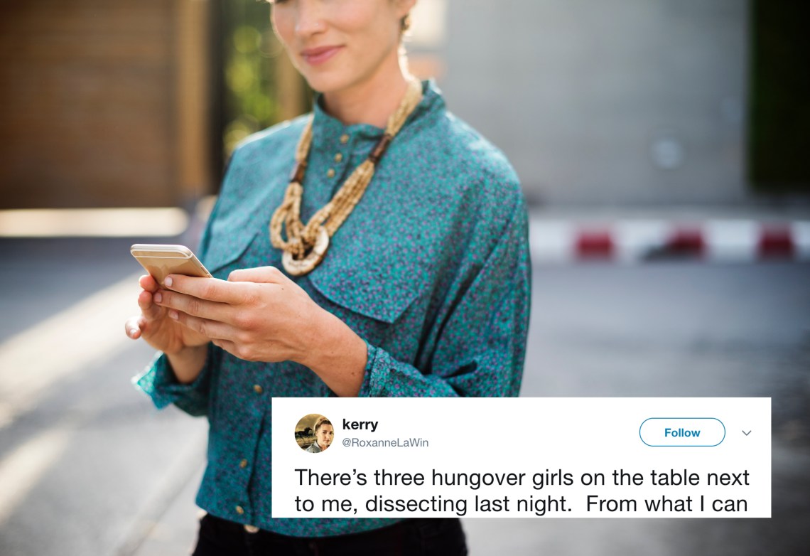 Woman look at her phone and a tweet about women who go out at night