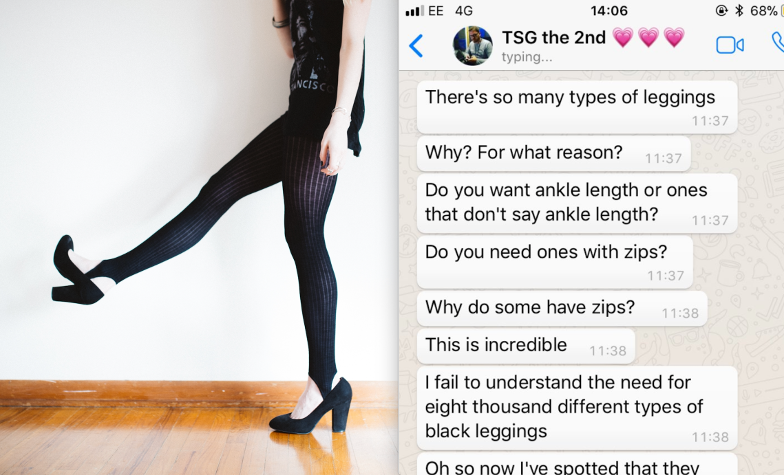 A woman walking in leggings and heels and a text conversation between a girlfriend and boyfriend about buying leggngs