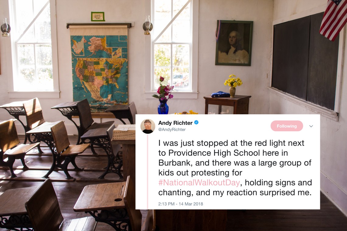 An empty old-timey classroom and a tweet about #NationalWalkoutDay