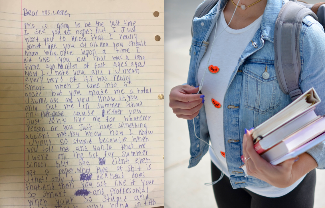 A letter from a student and a student carrying her books