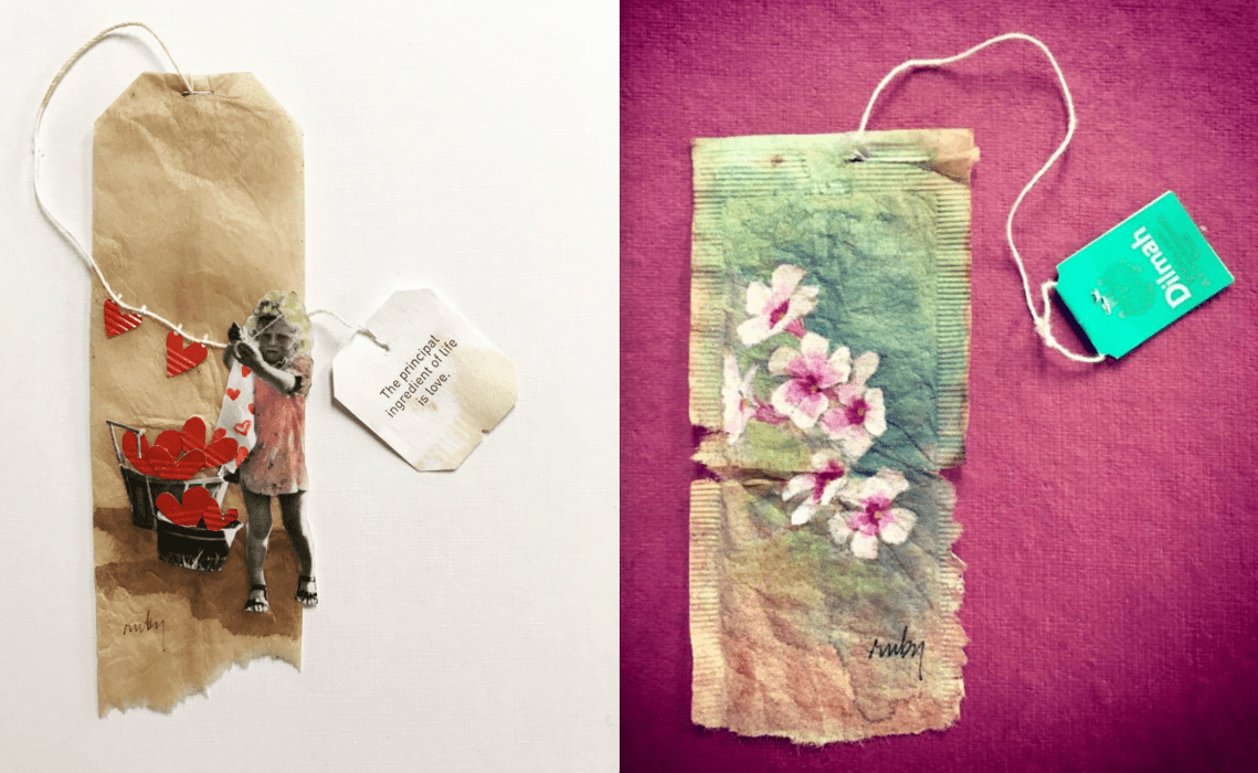 Paintings on tea bags by Ruby Silvious