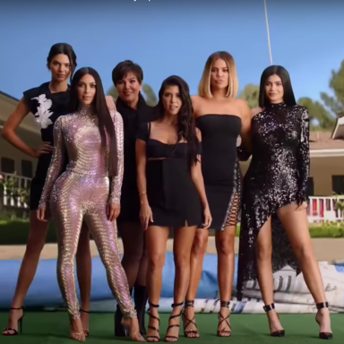 The Kardashians posing for their Decade of Kardashian advertisement