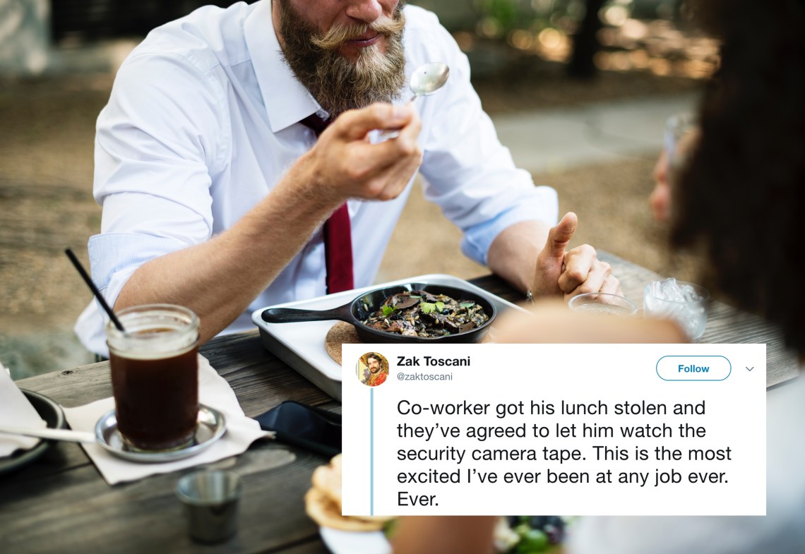 A man eating lunch and a tweet about a lunch thief