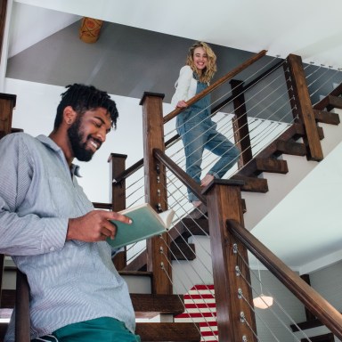 cute couple hanging out on stairs