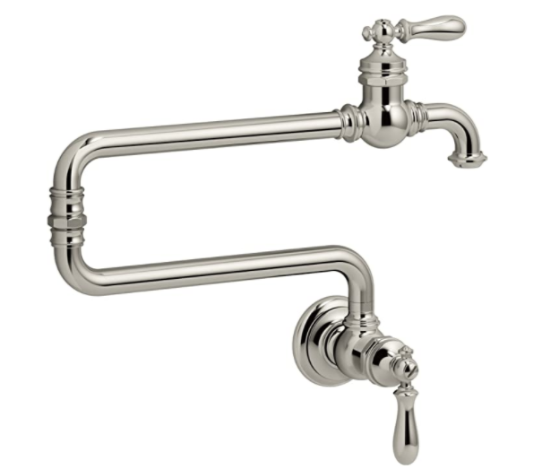 KOHLER K-99270-SN Artifacts Single-Hole Wall-Mount Pot Filler Kitchen Sink Faucet with 22-Inch Extended Spout, Vibrant Polished Nickel