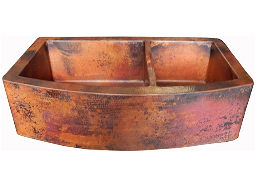 Rounded Apron Front Farmhouse Kitchen Double Bowl Mexican Copper Sink 60/40 33X22 Inches