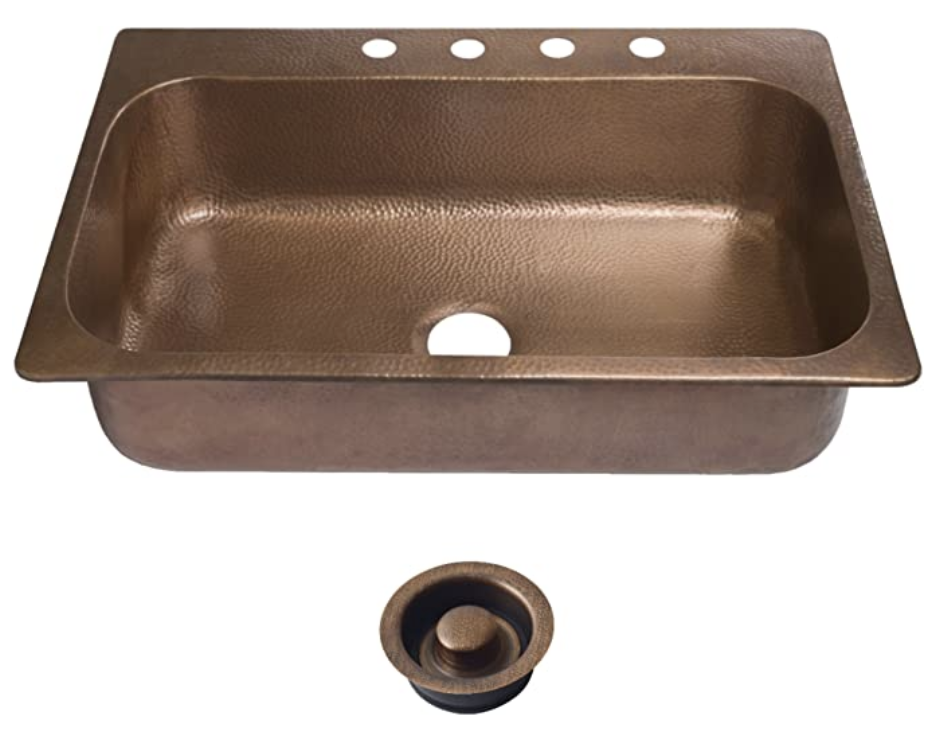 Sinkology SK101-33AC4-AMZ-D Angelico 4-Hole Copper Drop-In Kitchen Sink Kit With Disposal Flange Copper Kitchen Sink, 33 X 22 X 8, Antique Copper