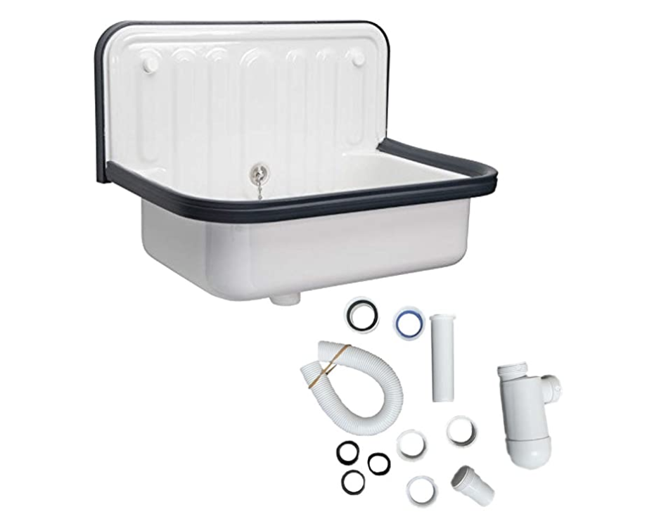 Alape Bucket Sink and Drain Bundle (Alape and Drain) Utility Sink with Overflow Assembly, Bottle Trap Drain, Navy Blue Trim, Glazed White Steel Finish
