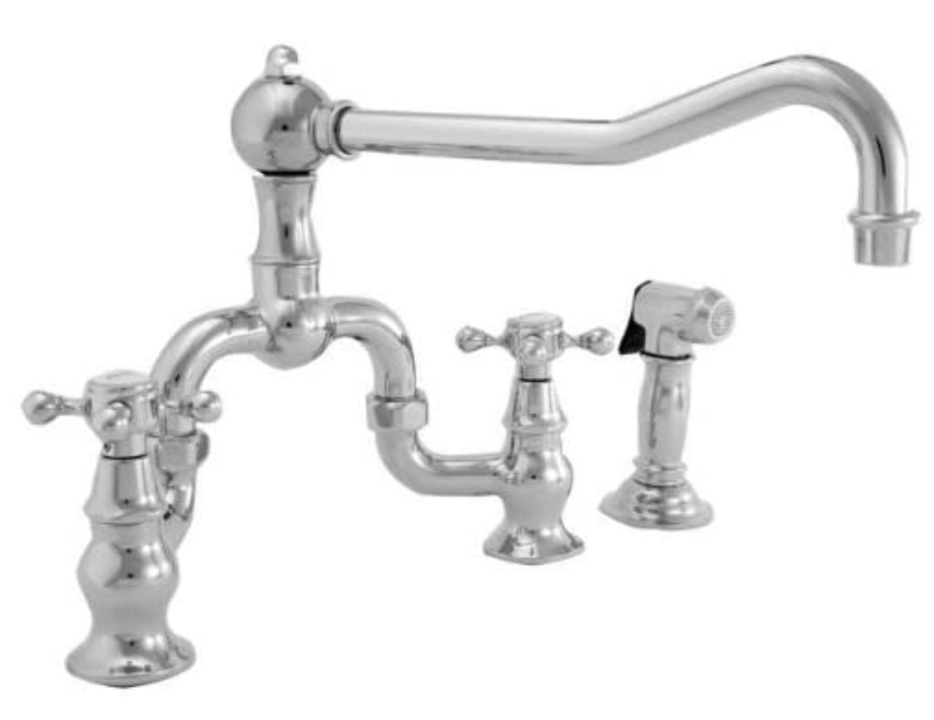 Newport Brass 9452-1/03N Chesterfield Double Handle Bridge Kitchen Faucet with Side Spray and Metal Cross, Polished Brass Uncoated