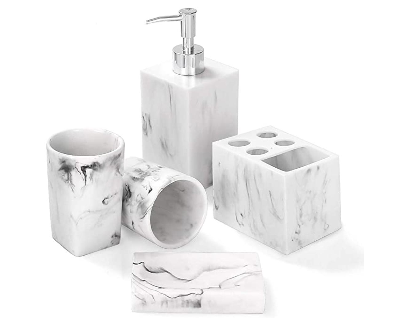 Bathroom Accessories Set, 5 Piece Marble Complete Bathroom Set for Bath Decor, Includes Toothbrush Holder, Soap Dispenser, Soap Dish, 2 Tumblers, Ink White