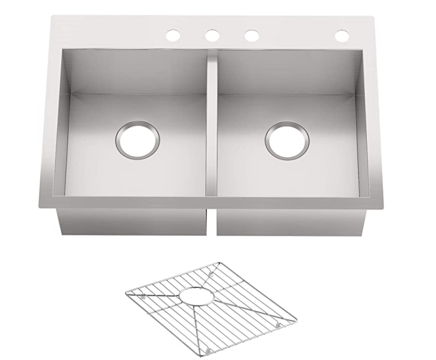 KOHLER Vault Stainless Steel 33" Double-Bowl Kitchen Sink with Four Faucet Holes K-3820-4-NA Drop-In or Undermount Installation, 9 inch Bowl