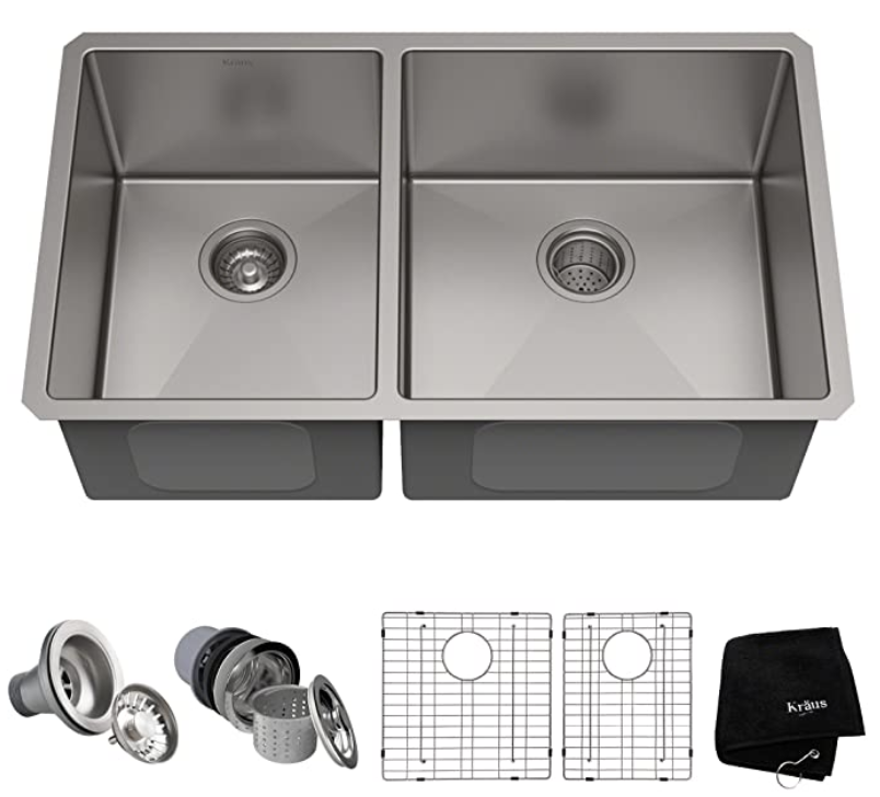 KRAUS Standart PRO 33-inch 16 Gauge Undermount 60/40 Double Bowl Stainless Steel Kitchen Sink, KHU104-33