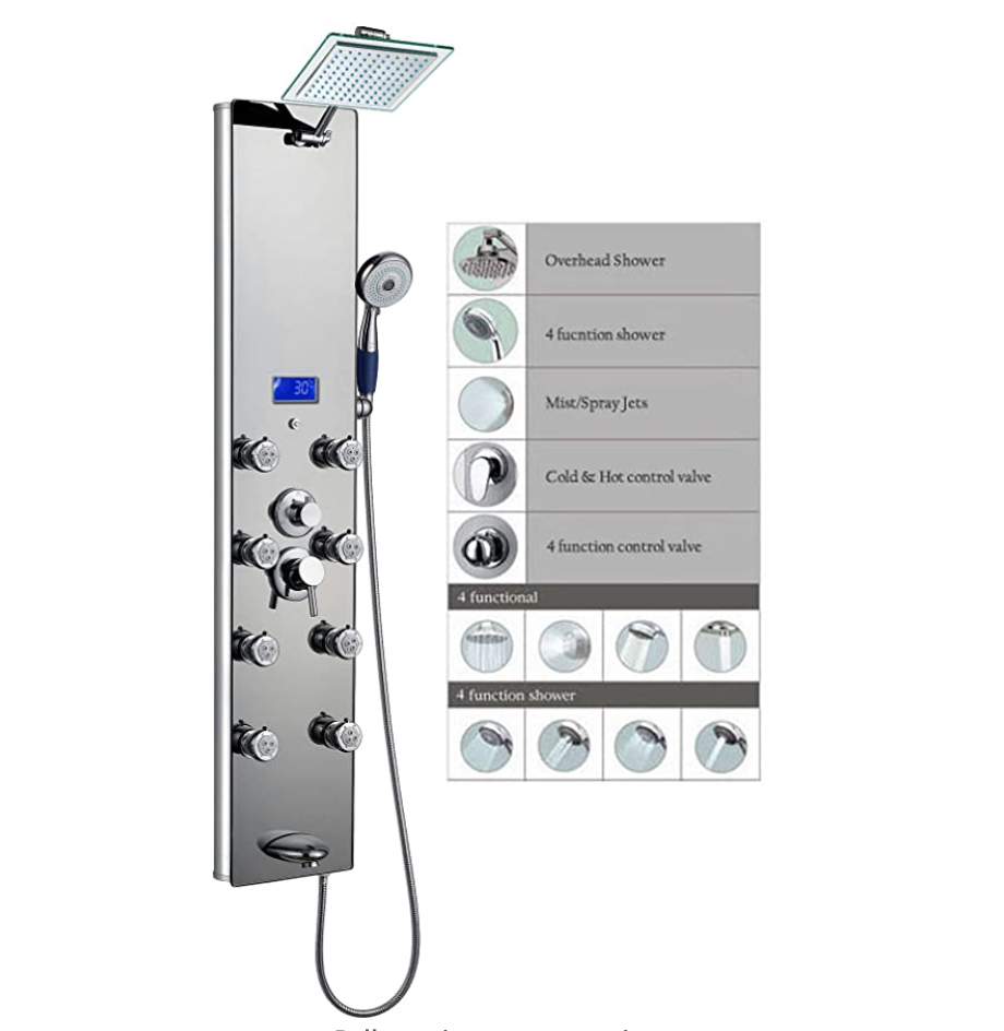 Blue Ocean 52" Aluminum SPA392M Shower Panel Tower with Rainfall Shower Head, 8 Multi-functional Nozzles