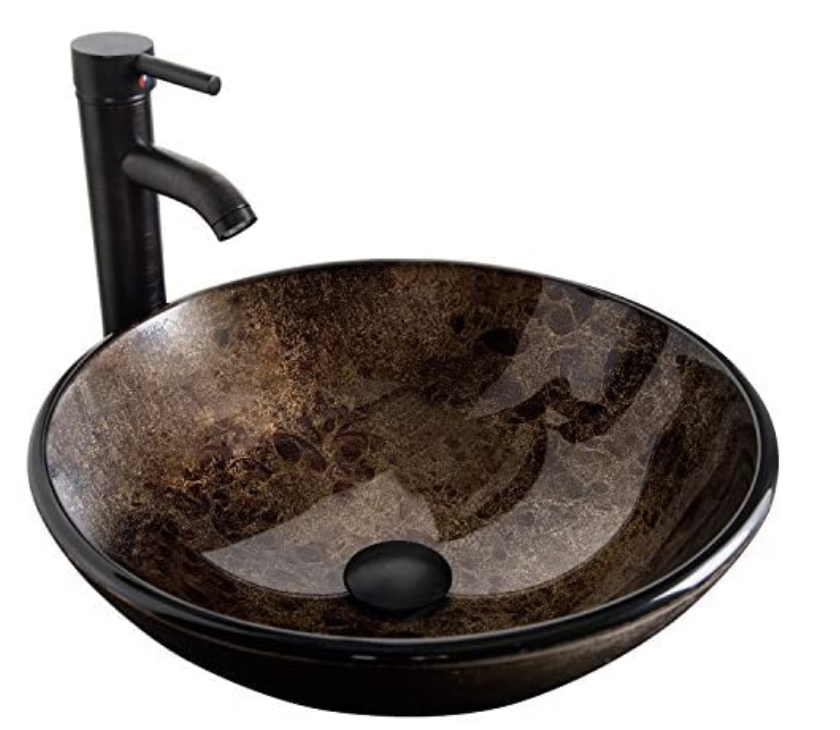 Bathroom Vessel Sink with Faucet Mounting Ring and Pop Up Drain 16.5" Round Bowl Basin,Brown