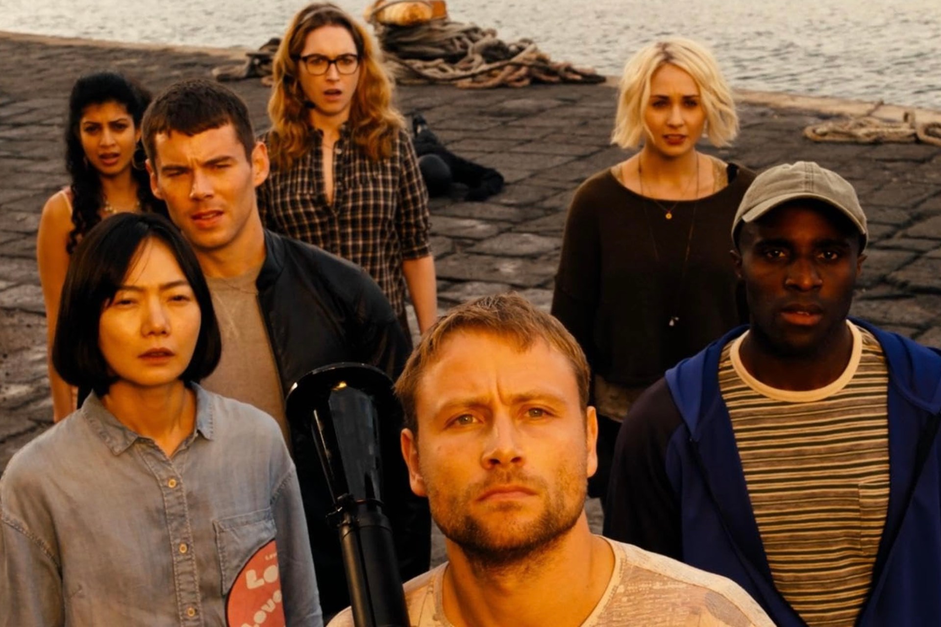 Bae Doona, Max Riemelt, Brian J. Smith, Tuppence Middleton, Tina Desai, Jamie Clayton, and Toby Onwumere in Sense8 (2015)