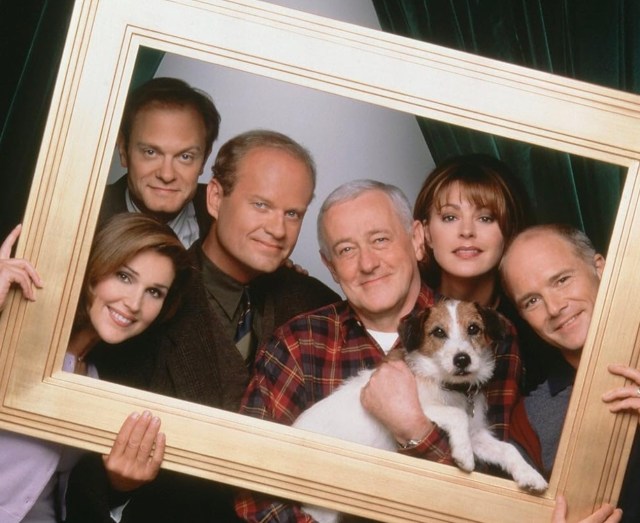 Kelsey Grammer, David Hyde Pierce, John Mahoney, Peri Gilpin, Jane Leeves, Dan Butler, and Moose in Frasier (1993)